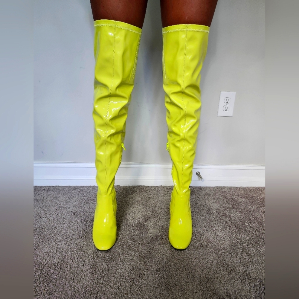 Current Mood Neon Yellow Pleather Thigh Hi Chunky Heel Zip GoGo Boots S 8M NWOB